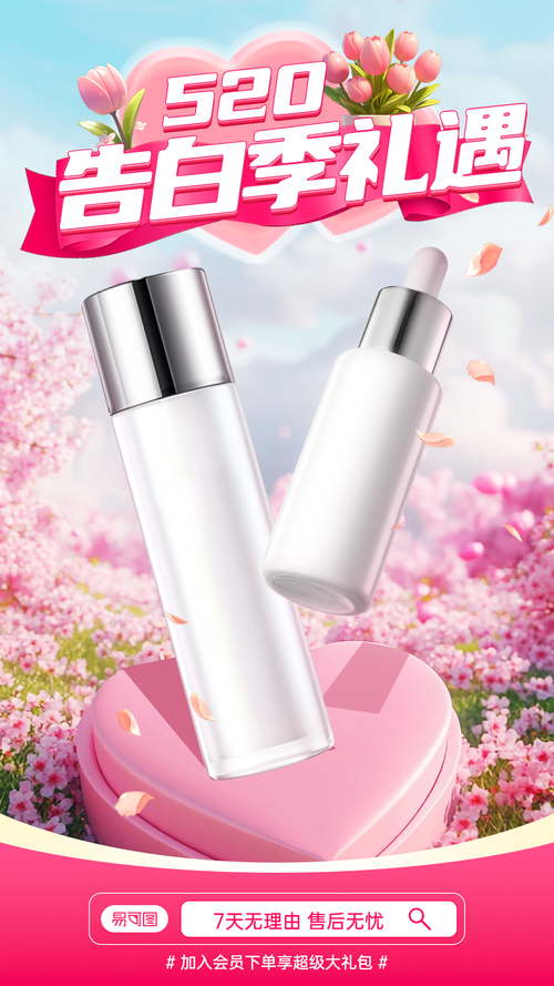 粉色花朵告白季促销化妆品直播间封面海报