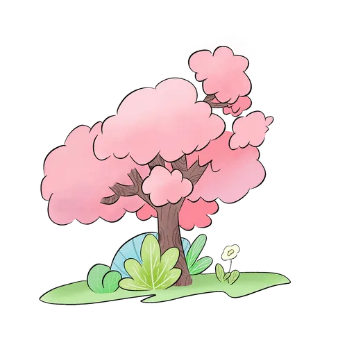 粉色云朵树下的蜜蜂与花丛